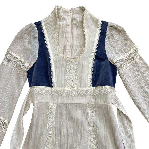 Gunne Sax Style Vintage 1970’s Peasant Dress Blue Velvet Panels Maxi Length XS - Picture 2 of 13